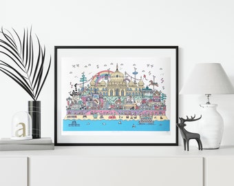 May include: A colourful illustration of a seaside town with a large building in the centre. The building has a dome and is surrounded by smaller buildings, shops, and attractions. There is a rainbow in the sky and the sea is blue.