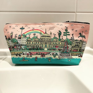 pretty pink brighton illustration on a makeup bag