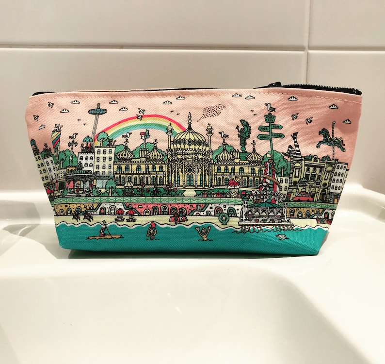 pretty pink brighton illustration on a makeup bag