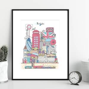 Illustrated london landmarks art print, cityscape artwork