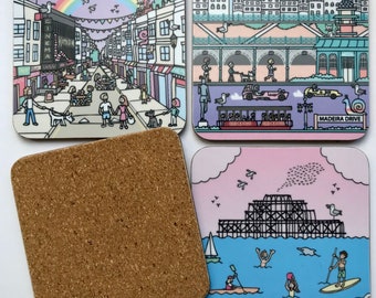 Brighton coasters 4 pack, illustrated landmarks drinks mats