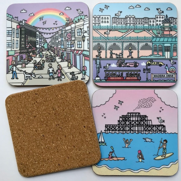 Brighton coasters 4 pack, illustrated landmarks drinks mats