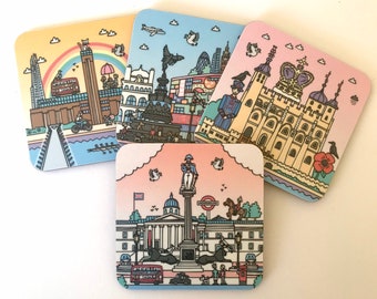 Set di sottobicchieri con monumenti londinesi e tappetini illustrati per bevande con paesaggi urbani di Londra.