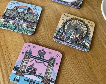 Tower bridge illustrated coaster, london landmarks drinks mat