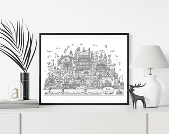 Stampa illustrata del paesaggio urbano di Londra, con monumenti e immagini di spicco, formato A3.