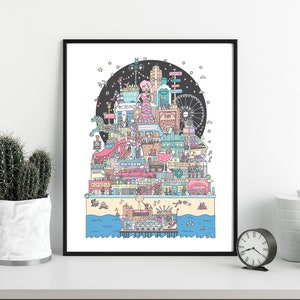 Brighton night out print, cityscape landmarks print
