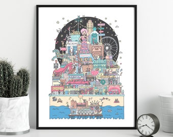 May include: A colourful illustration of a seaside town with a Ferris wheel, amusement park rides, shops, and a pier. The illustration is in a cartoon style with bright colours and whimsical details. The text "Fish & Chips" and "Casino" are visible on the buildings.
