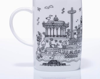 Square brighton mug, bone china cup with illustrated cityscape design