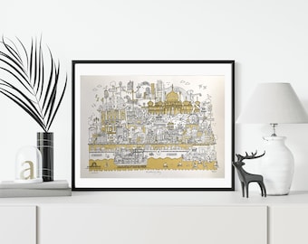 Brighton lovers artwork, Brighton landmarks screen print gold