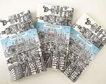 London Landmarks black and white Screen Printed Tea Towel, gift for him for her