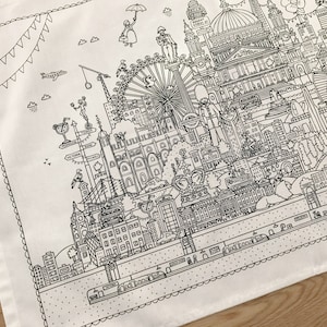 London Landmarks black and white Screen Printed Tea Towel, gift for him for her
