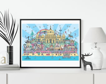 May include: A framed art print depicting a vibrant, cartoon-style illustration of a seaside city. The artwork showcases a rainbow, domed buildings, and numerous figures and objects, set against a light blue backdrop.