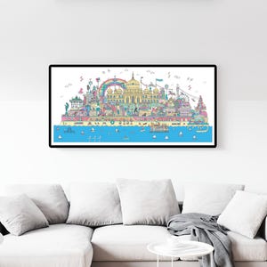 Brighton fun large cityscape artwork, illustrated panoramic landmark print