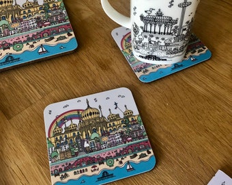 Brighton and Hove drinks coasters, illustrated landmark drinks mats