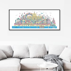 Brighton fun cityscape artwork, illustrated panoramic landmark print