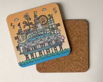 Brighton palace pier drinks coaster, illustrated landmark drinks mat