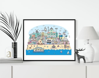 Worthing colour art print, landmarks artwork