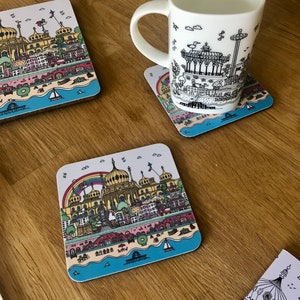 Pack of 4 Brighton and Hove drinks coasters, illustrated landmark drinks mats