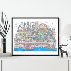 Brighton by day landmarks print, illustrated cityscape artwork