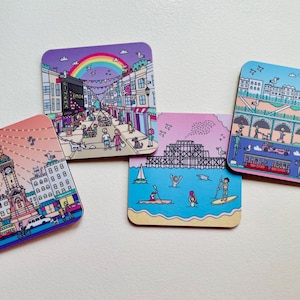Posavasos Brighton (paquete de 4), posavasos con ilustraciones de lugares emblemáticos.