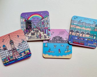 Brighton Untersetzer 4er-Pack, illustrierte Wahrzeichen Getränke Untersetzer