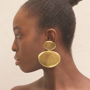 Large statement drop golden earrings, Large organic disc drop earrings, Bold golden brass earrings, Brass gold tone statement earrings.