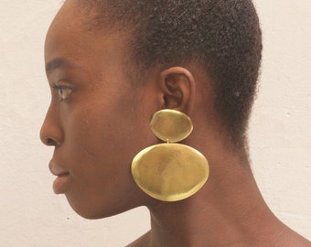 Large statement drop golden earrings, Large disc drop earrings, Bold fashion earrings