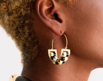 Beaded hoop, black and white earrings: Lightweight boho jewelry.Valentine gift for her.