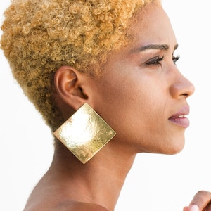 Large Geometric Brass Statement Earrings: Modern Clip-On Studs