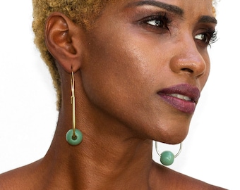 U shaped hoops for everyday,  lightweight Oval large hoops boho earrings, Earrings set with jade stones, Mix  match hoops for everyday wear