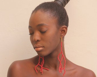 Red Glass Bead Long Drop Earrings: Coral-inspired shoulder-length jewelry