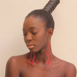 Red Glass Bead Long Drop Earrings: Coral-inspired shoulder-length jewelry