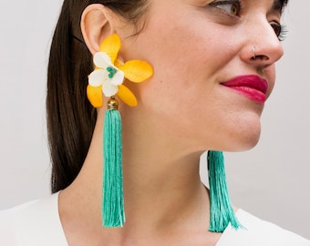 Statement fringe earrings with clip ons, Long tassel earrings for non pierced ear. Bold tassel earrings with flower ornaments for her