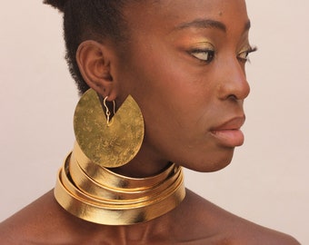 Large Gold Brass Earrings: Statement African Tribal Jewelry for Women, XL Tribal Hoops.