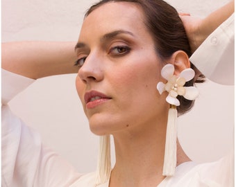 White large tassel earrings, Statement flower bride earrings, Bridal fringe earrings