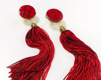 Tassel earrings, Red tassel earring, Stud Red earrings, Gift under 30