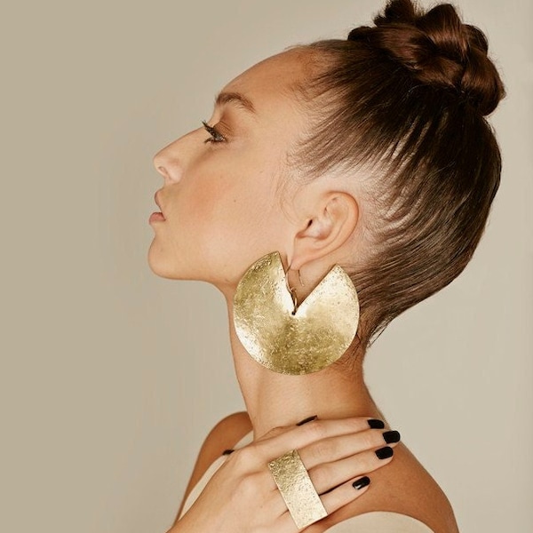 African jewelry inspiration: Boho Earring, Tribal look Earrings, Hammer Gold Brass Oversized Hoops