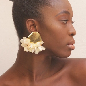 Big Brass Earrings: Silk Flower Statement Boho Earrings