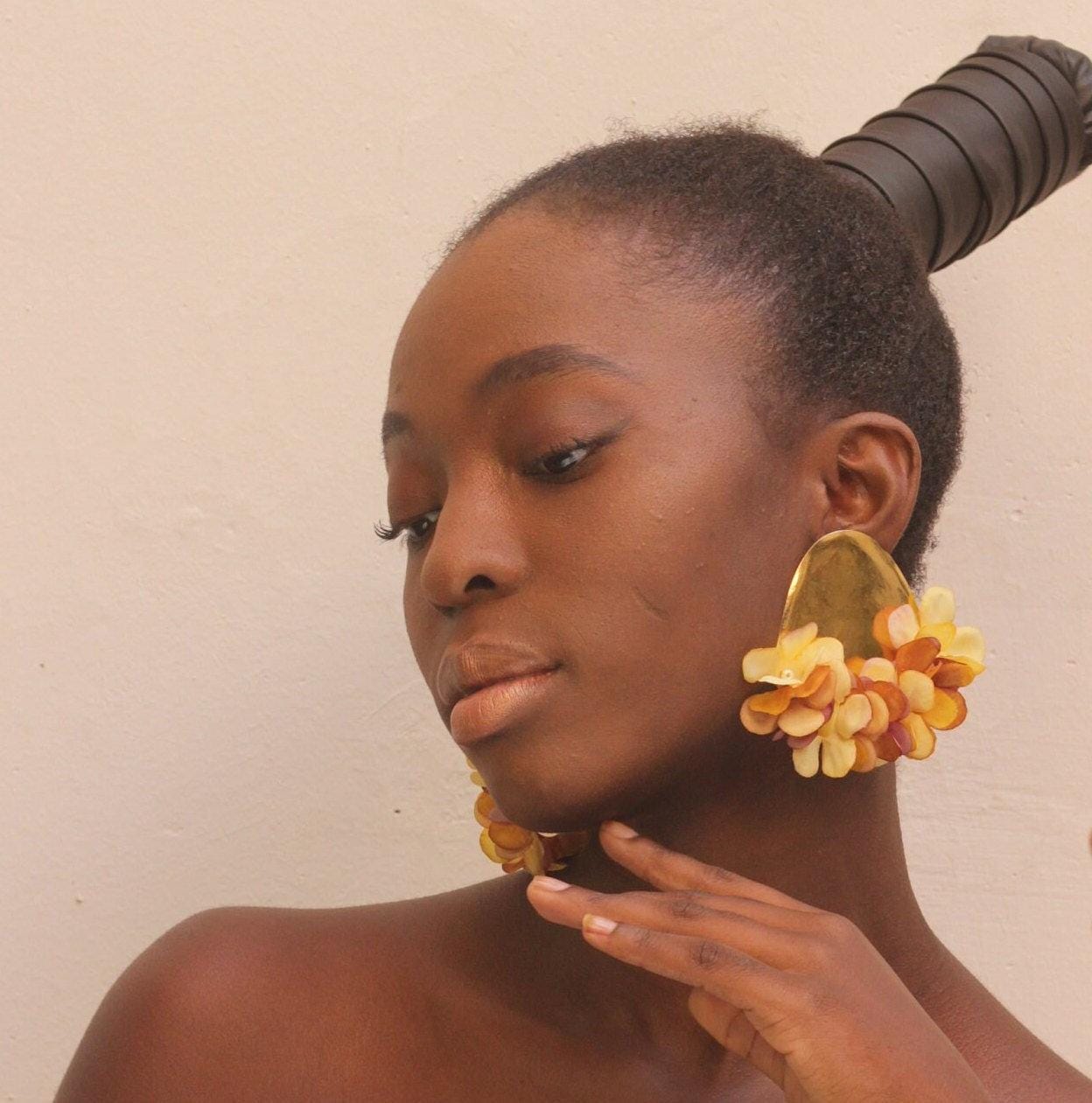 Clip-on Statement Earrings: Brass & Silk Flower Boho Earrings