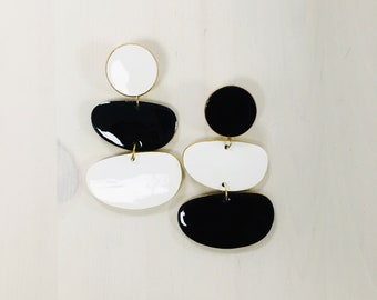 Black and white statement earrings for women, Mix match drop earrings for bold outfit, Large drop black and white earrings