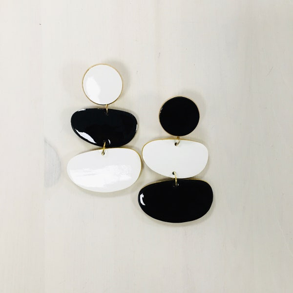 Black and white statement earrings for women, Mix match drop earrings for bold outfit, Large drop black and white earrings