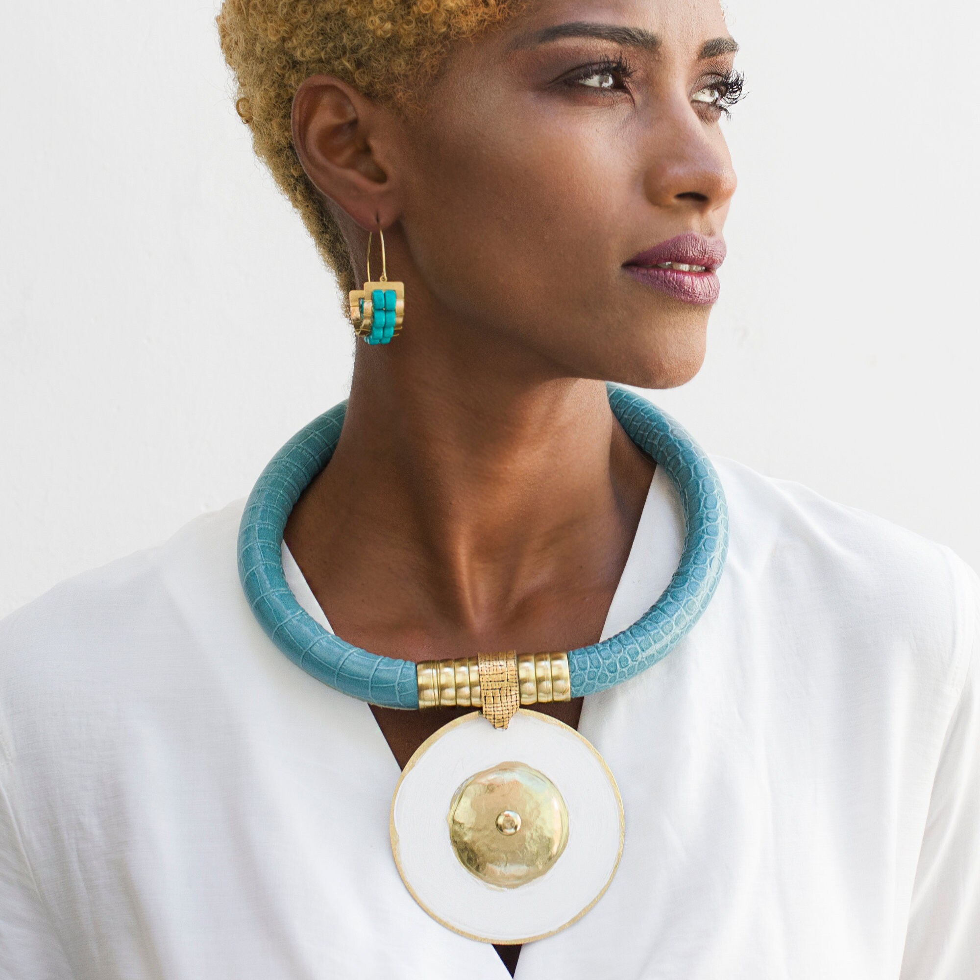 Chunky Leather Necklace: Brass Pendant, African Tribal Jewelry