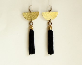Black Tassel Earrings: Hammered Brass Boho Dangle Earrings