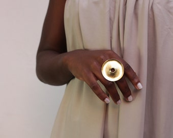 Golden Brass Big Disc Ring: Chunky Adjustable Statement Ring