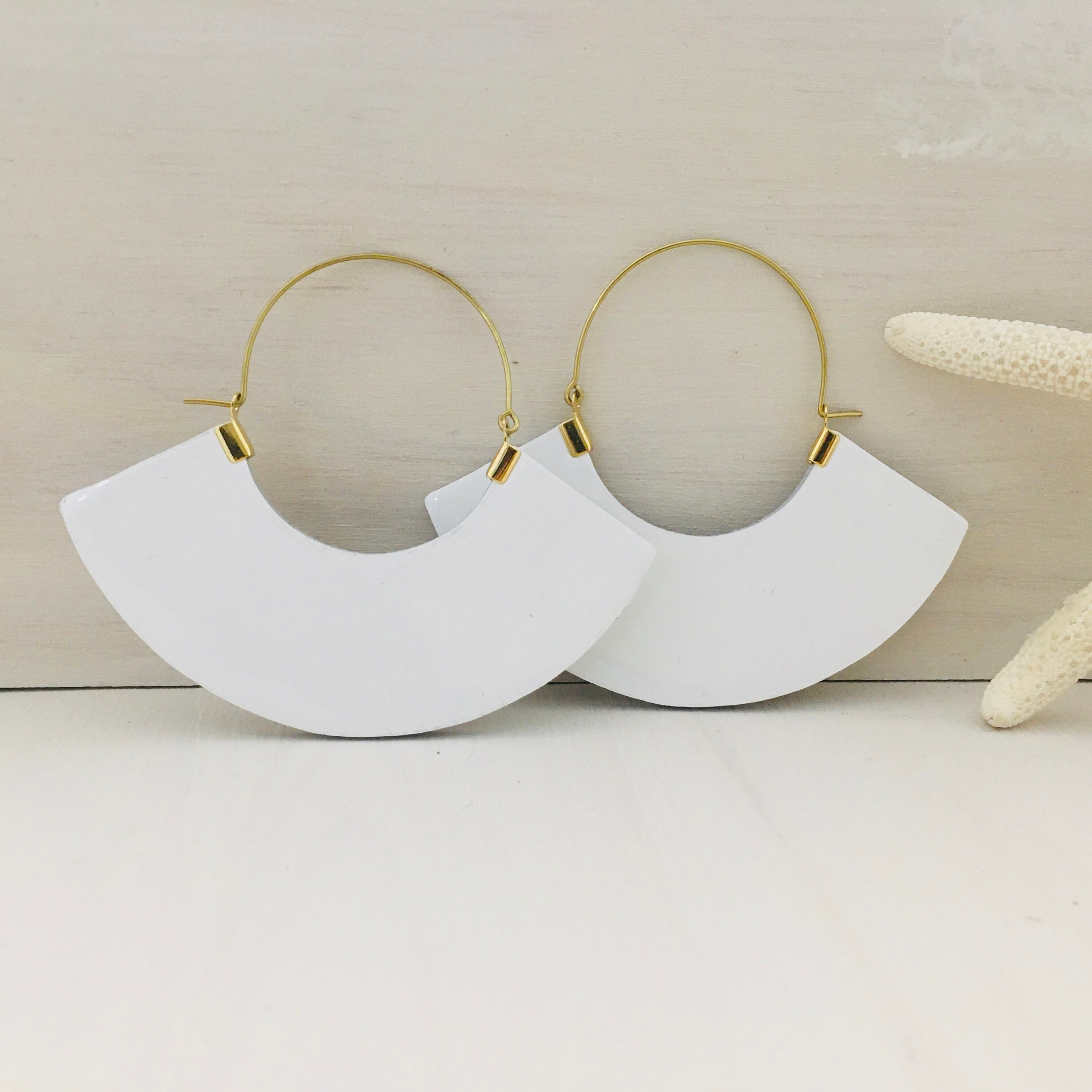 White Leather Hoop Earrings: Large Boho Bridal Brass Earrings