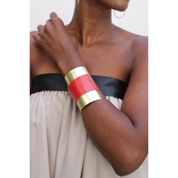 Avant Garde Bracelet Fashion Red Bracelet for Women Chunky Large Bracelet Made in Brass and Leather Etsy Ireland