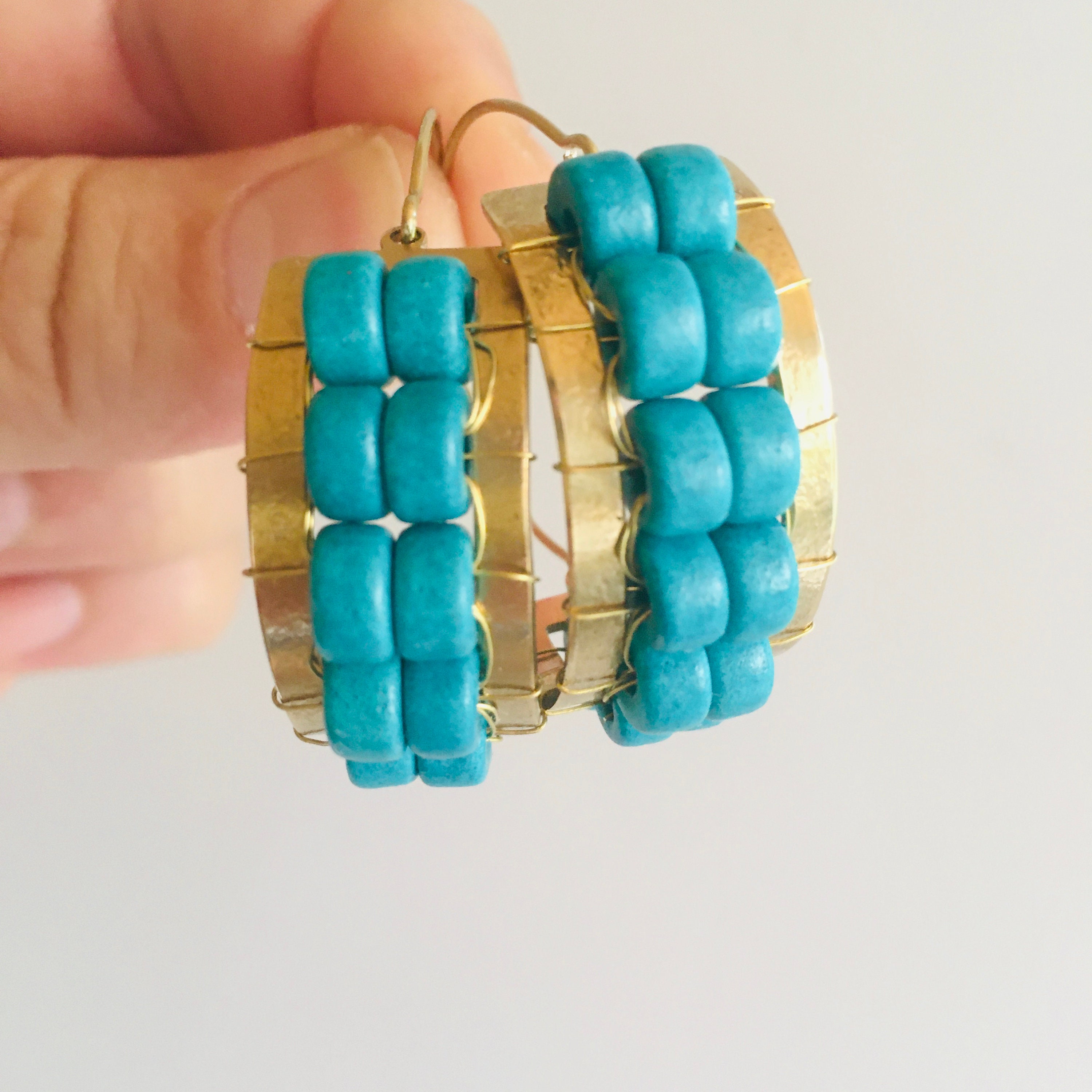 Beaded Hoops Earrings Daily Boho Hoop Earrings Turquoise Etsy