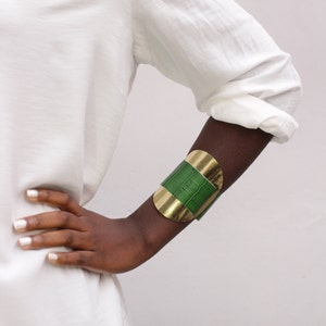 Green Leather Cuff Bracelet: Golden Brass Boho Statement Jewelry