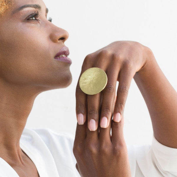 Big statement ring for women, Large chunky ring in golden brass