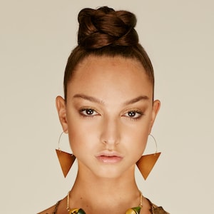 Large Hammered Brass Triangle Hoop Earrings: Modern Geometric Statement